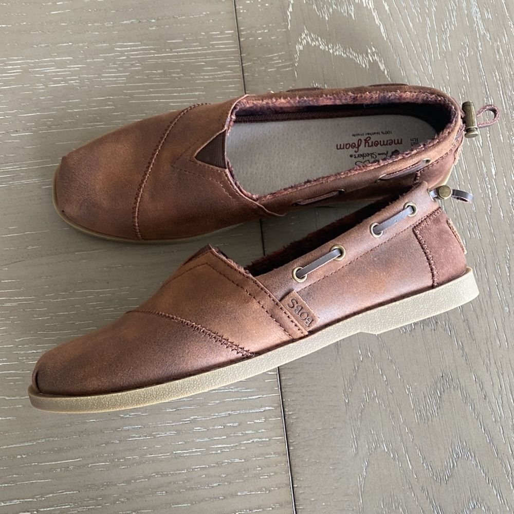 BOBS Slip On Flat Memory Foam Brown Vegan Leather Textile Shoes Women’s Size 9.5